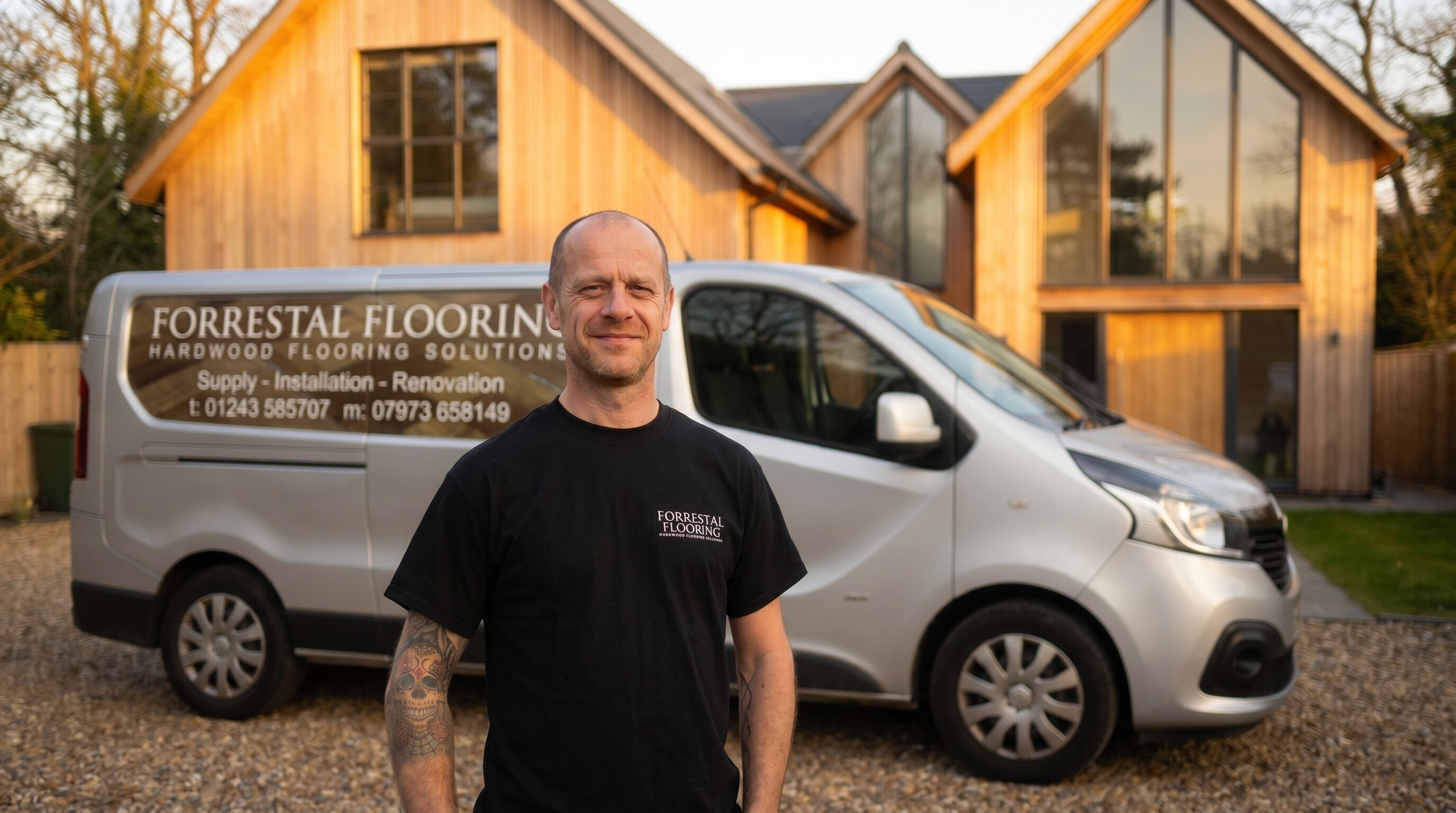Darren Forrestal beside the Forrestal Flooring van