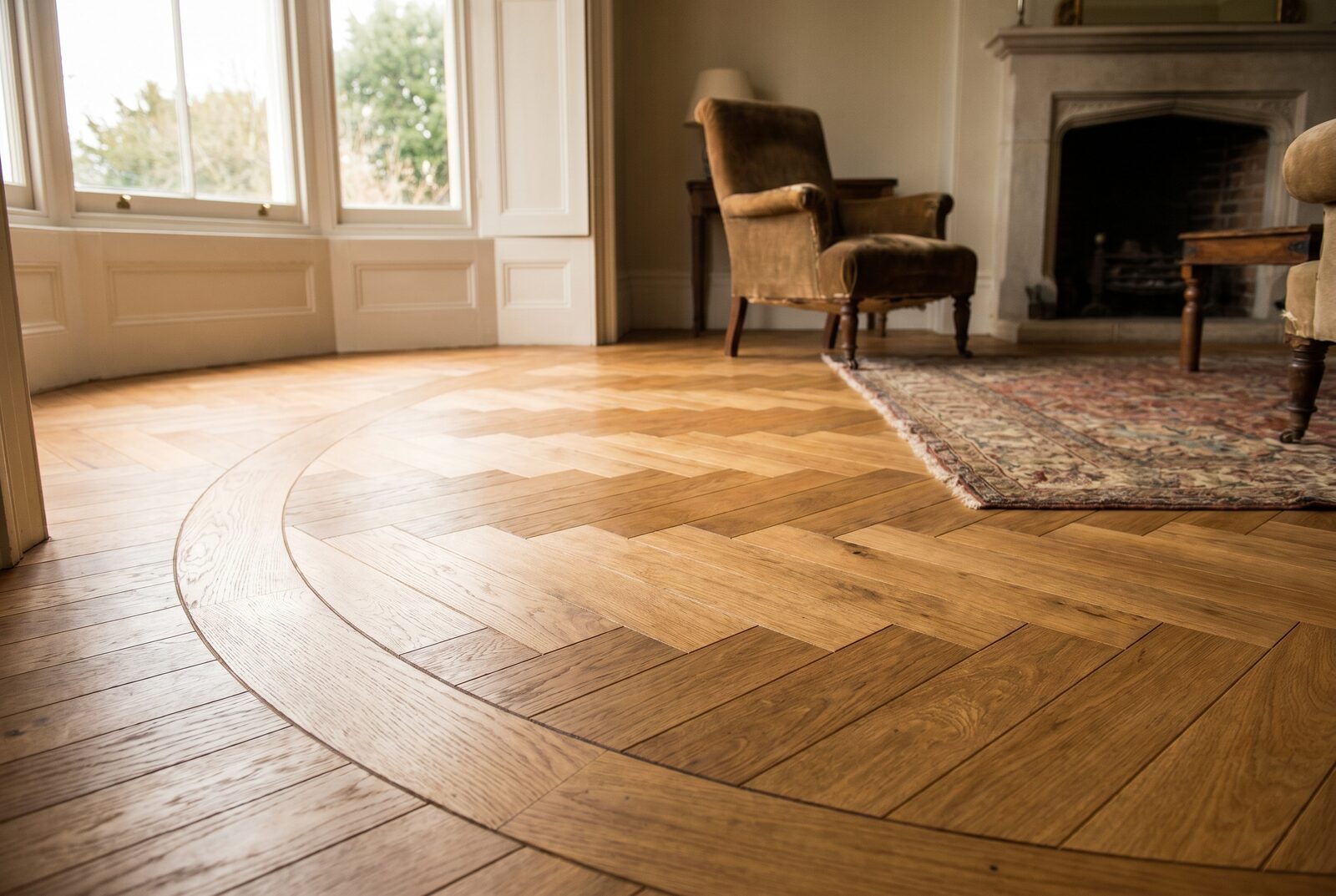Restored dark chevron parquet running through three pillared interconnected wedding-venue rooms