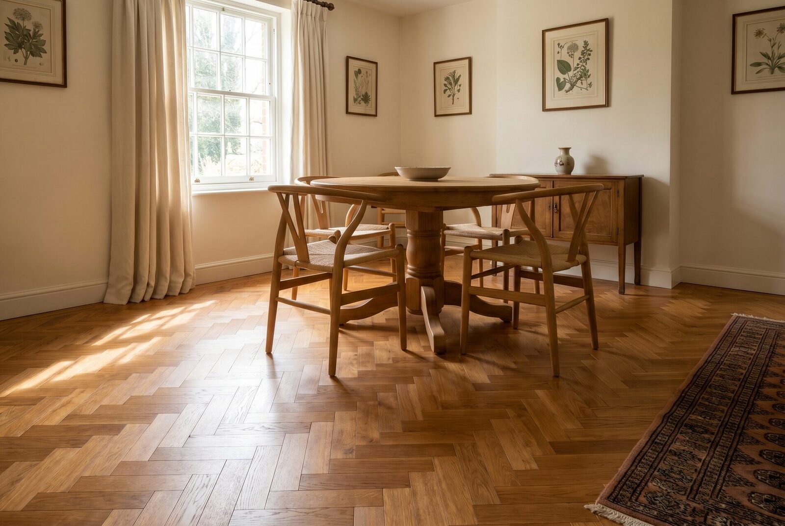 Natural honey-toned oak with a hardwax-oil finish in a sunlit dining room