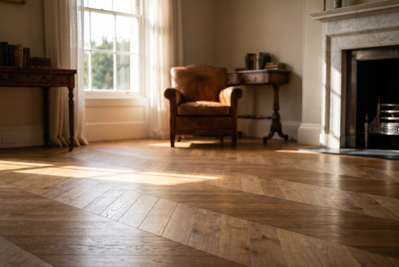Warm honey-toned European oak laid in a chevron pattern in a period reception room