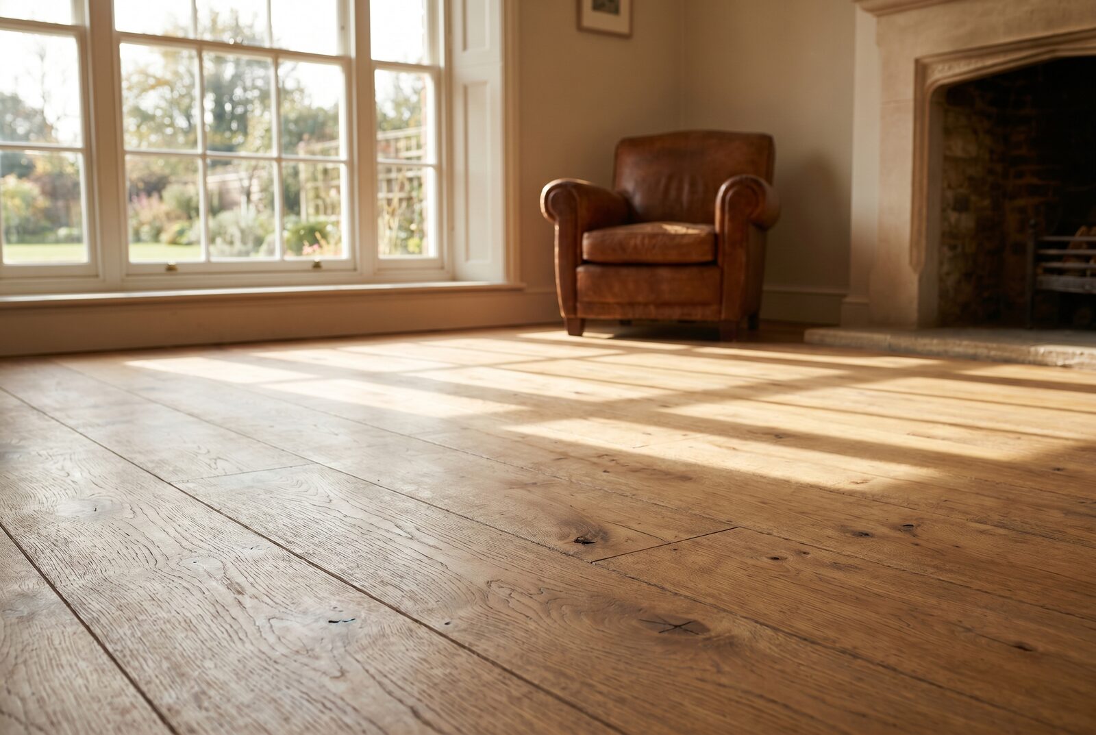 Curved-balustrade landing with pale oak wide planks in a country-house hotel