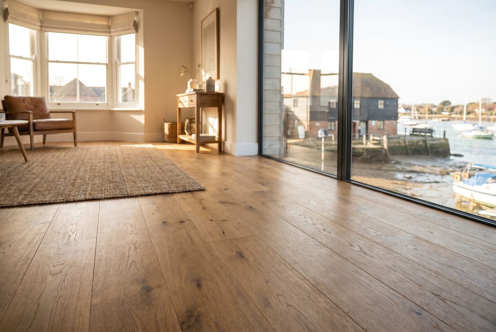 Mid-honey engineered oak meeting a glazed garden wall