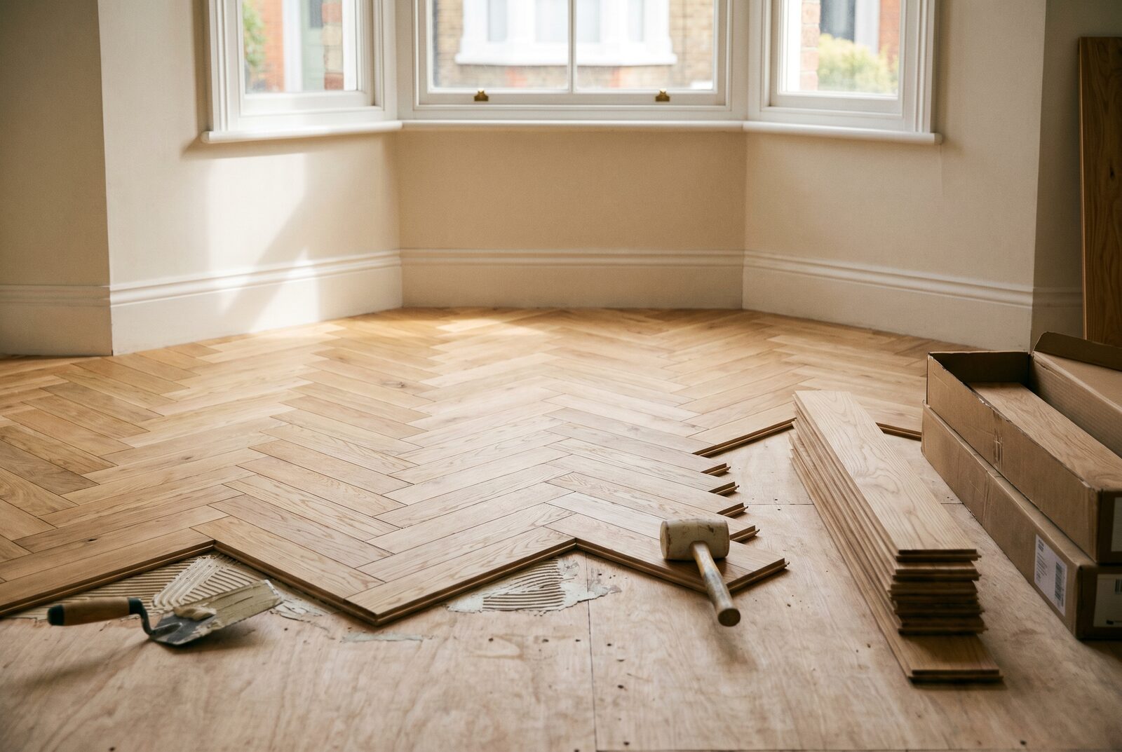 Herringbone oak parquet being laid on a plywood subfloor, fingers stacked ready to bond