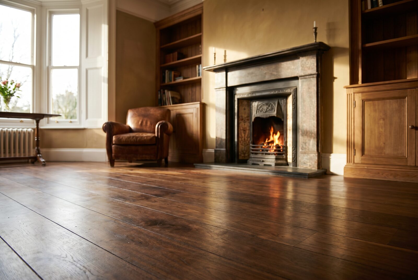 Dark American walnut wide planks around a cast-iron fireplace