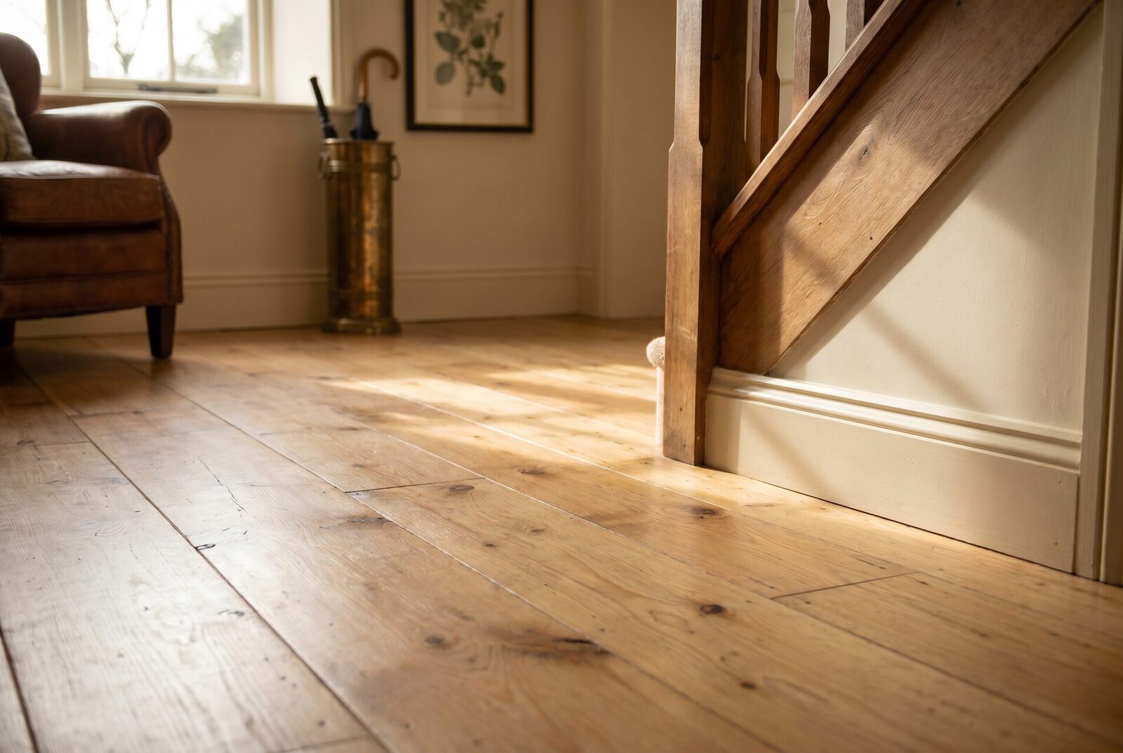 Restored reclaimed pine wide planks at the foot of a period staircase