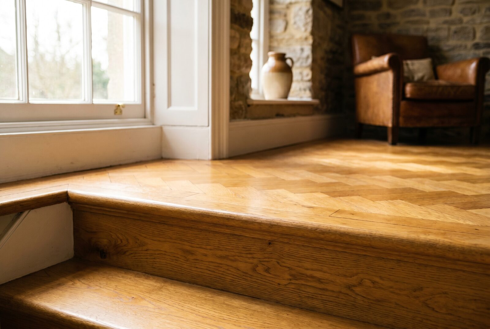 Golden oak step nosings meeting honey herringbone parquet