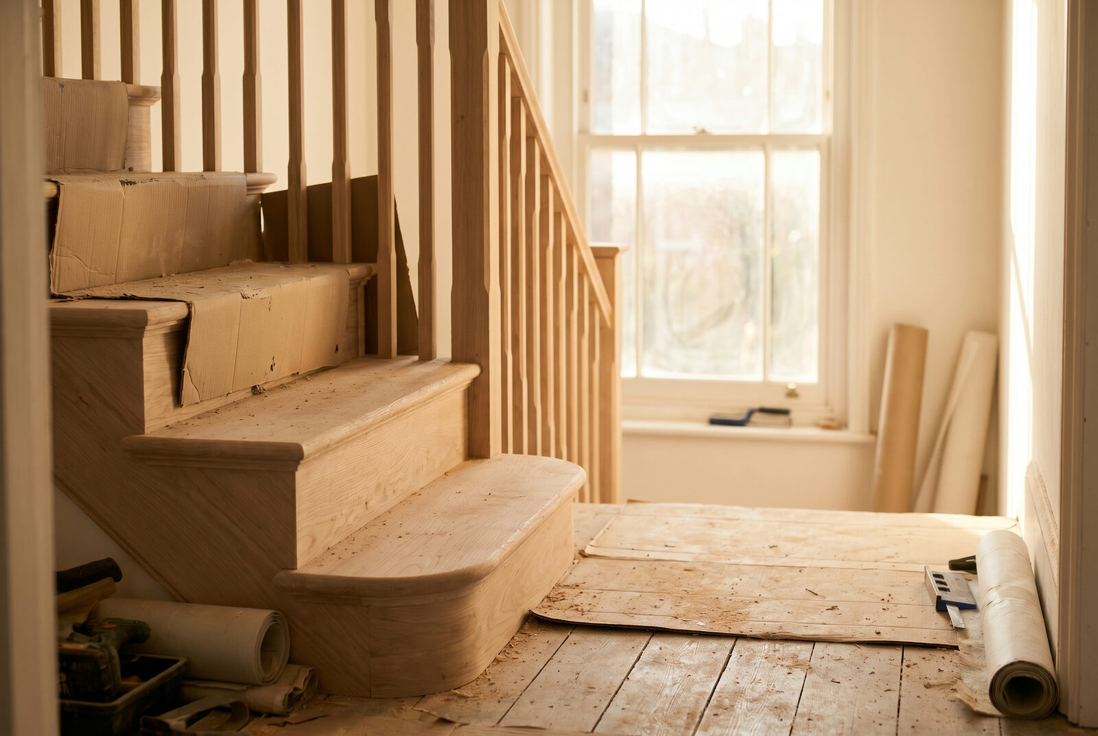 Original pine boards mid-restoration on a period cottage landing beside a new pine staircase