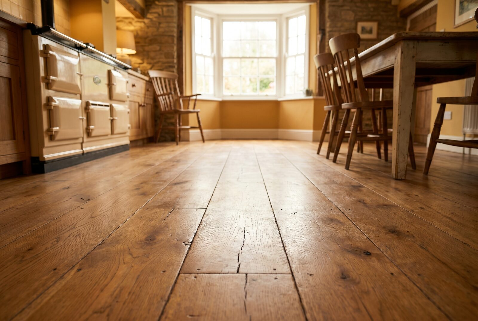 Wide reclaimed French oak boards with an aged patina in a country kitchen