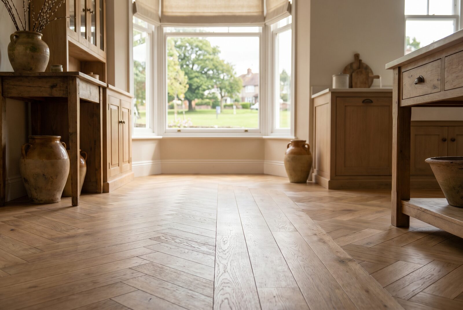 Herringbone engineered oak with a plank border running through a kitchen-diner