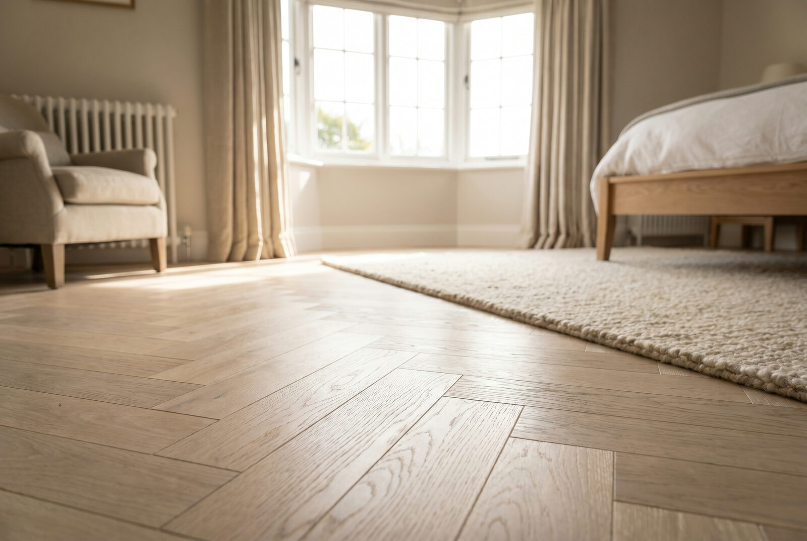 Whitewashed pale oak herringbone parquet in a principal bedroom