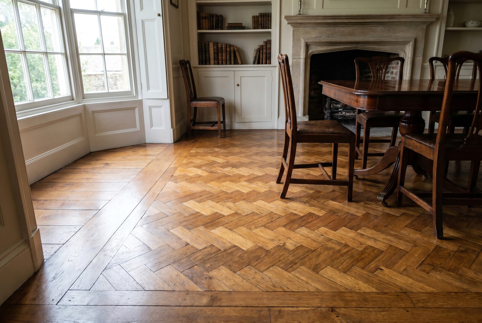 Herringbone engineered oak with a plank border in a period dining room
