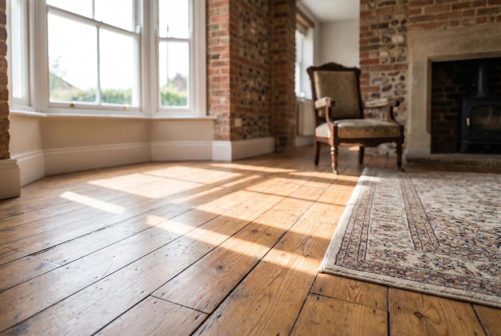 Restored Victorian softwood pine floorboards in a period front reception