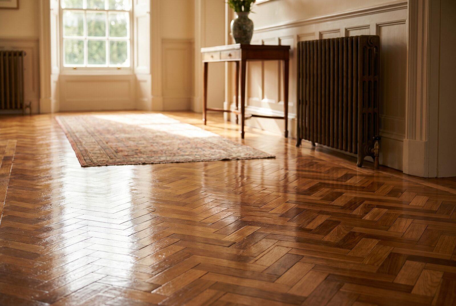 Basketweave mosaic parquet hallway with a high-gloss varnish