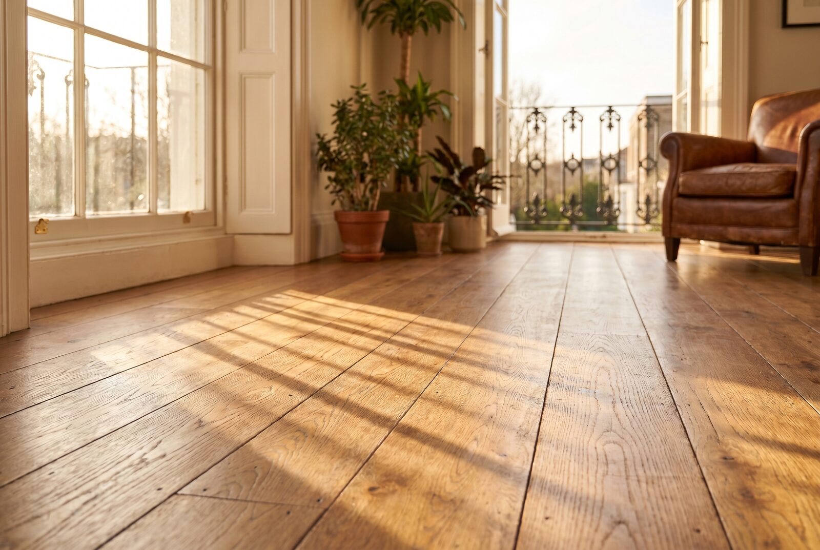 Warm wide-plank oak boards catching low light in a period reception