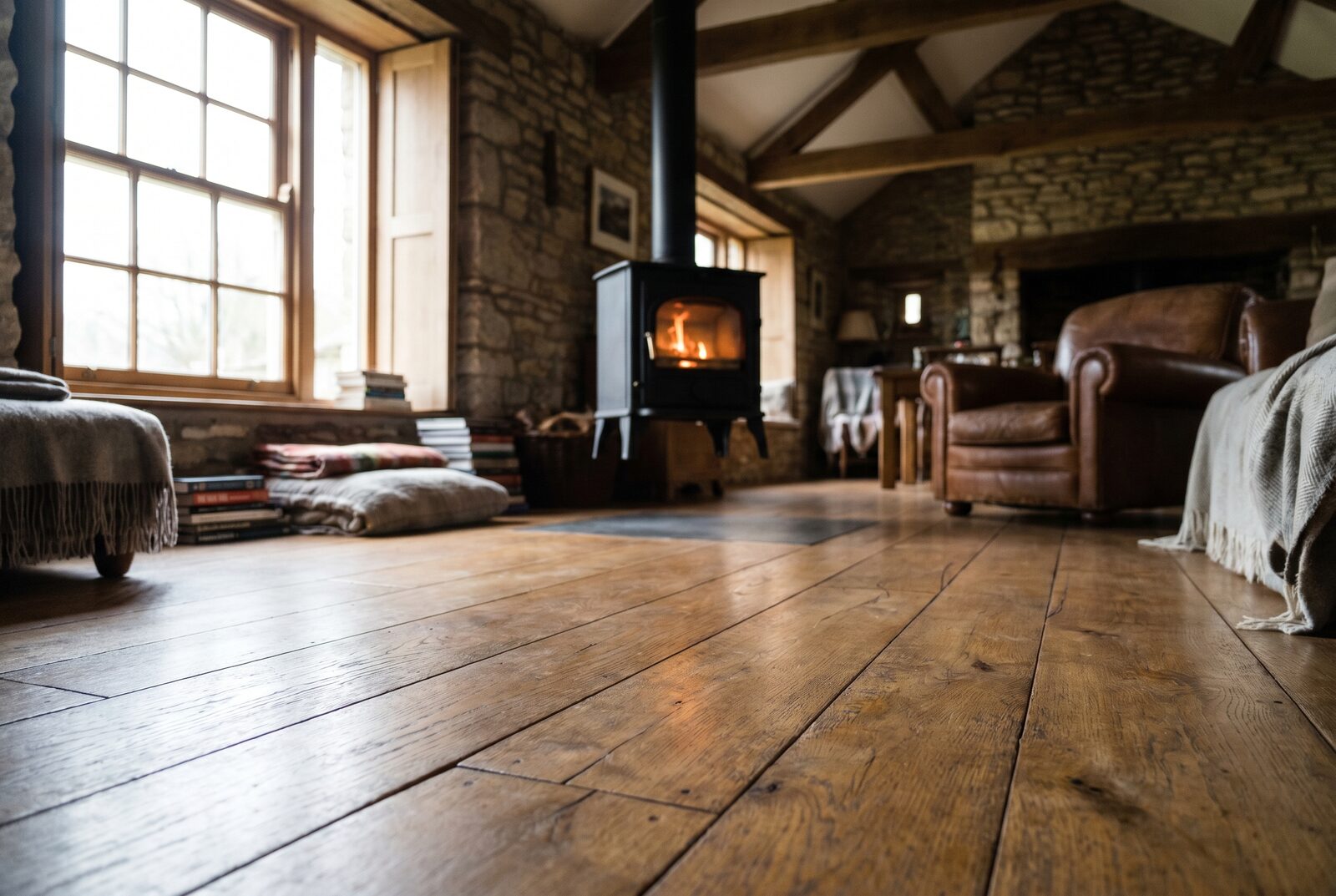 Rustic oak wide planks under a suspended wood-burning stove